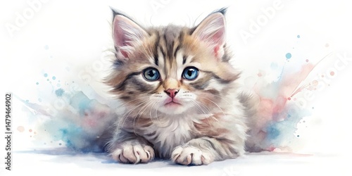 A Serene Kitten Portrait  Watercolor Painting of a Fluffy Gray and Brown Tabby Cat with Striking Blue Eyes, Resting on a Soft, Pastel Background of Watercolor Splashes