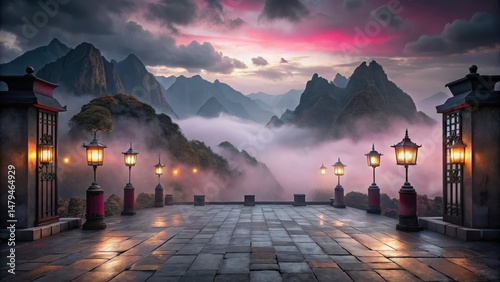Serene mountain vista at dawn, illuminated pathway with ornate lanterns, misty valley, tranquil atmosphere, peaceful landscape