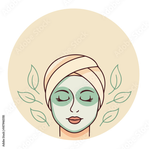 Woman with facial mask and towel on head – beauty spa concept