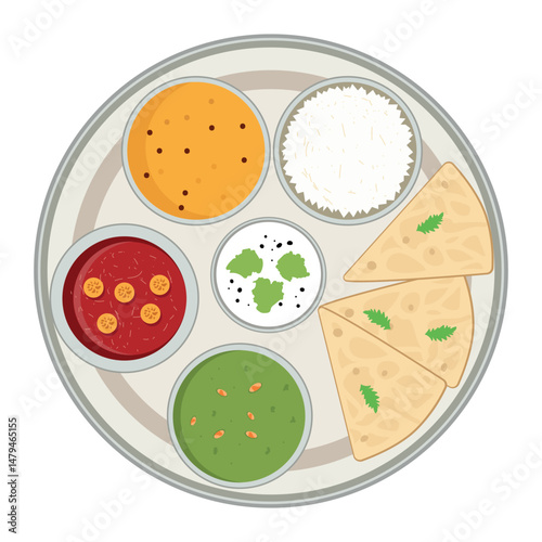  Indian thali plate with traditional dishes and flat design style