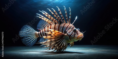 Striking Underwater Portrait of a Lionfish, Its Elegant Fins Unfurling in a Dark Aquatic Setting