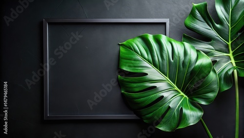 Dark Background with Lush Tropical Foliage and Simple Frame for Text or Image