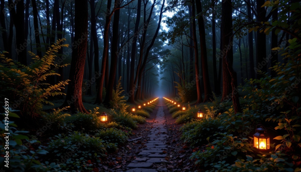 Obraz premium a forest path disappears into the distance, lined with lanterns that glow softly in the twilight.