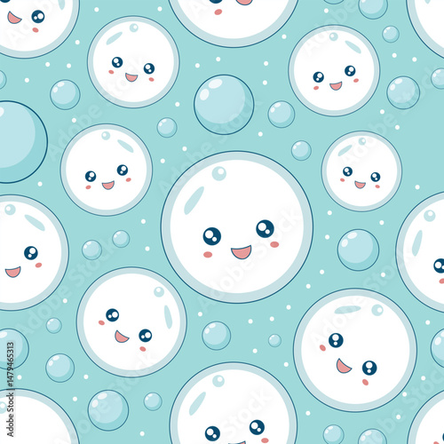 Seamless pattern with cute white round characters in bubbly water background