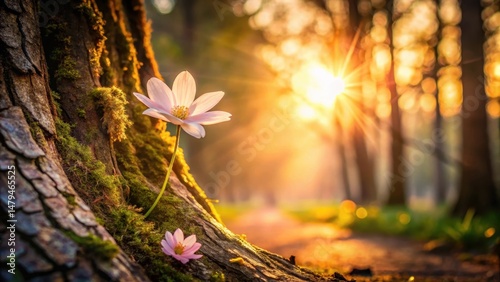 Golden Hour Bloom Delicate Spring Flower Emerging from Mossy Tree Trunk at Sunset