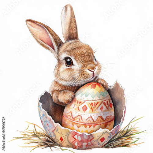 Rabbit with painted egg looks adorable and joyous in realistic boho style