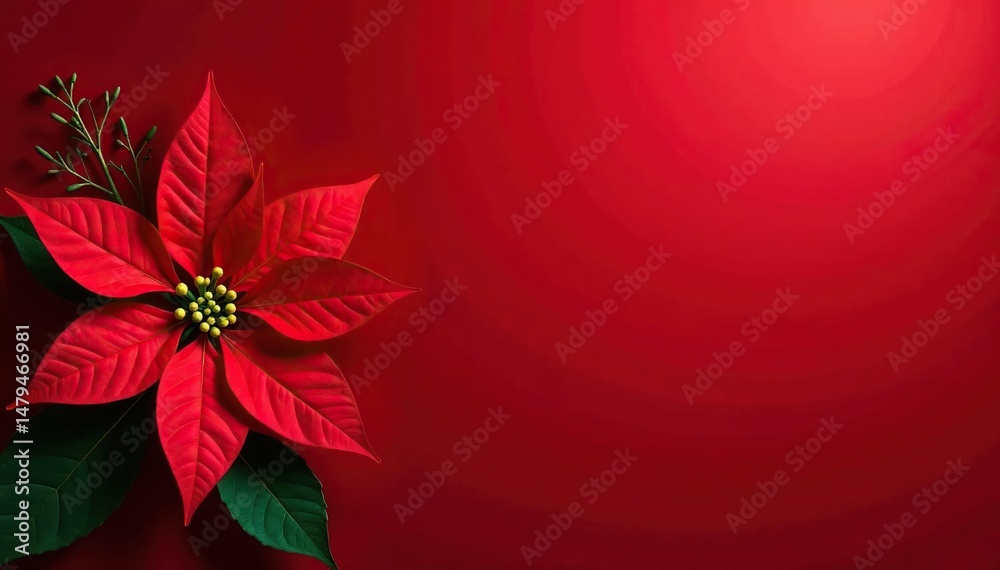 Obraz premium Vibrant red background with a poinsettia, festive holiday backdrop , poinsettia, poinsettia flower, festive season
