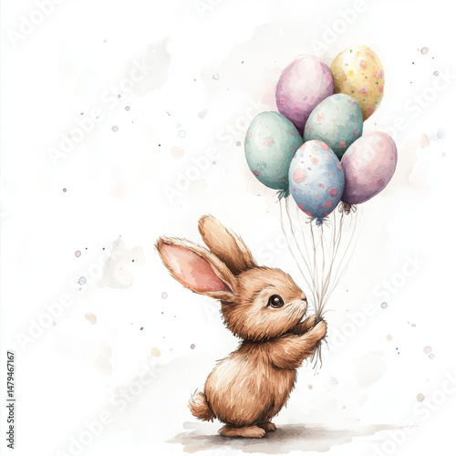 Sweet bunny joyfully holds Easter egg balloons painted in boho style