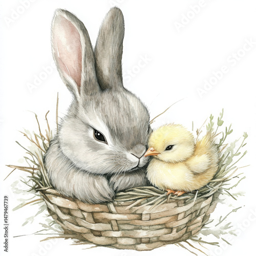 Chick and rabbit in basket looking adorable and innocent