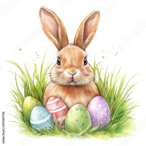 Happy bunny with Easter egg in grass, full of joy and delight