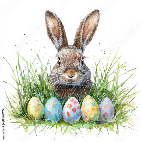 Lovely bunny peeks out from behind eggs, radiating joyful springtime spirit