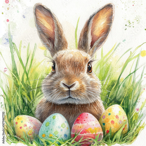 Adorable bunny surrounded by eggs, celebrates springtime joyfully
