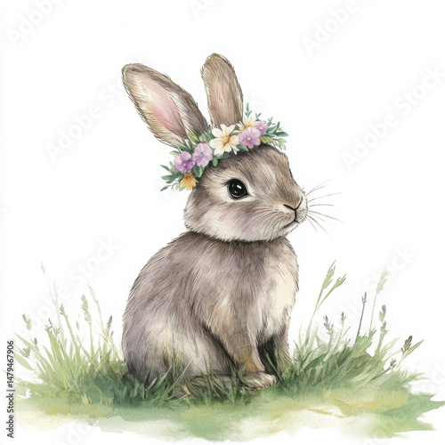 Cute bunny with floral crown looks happy and serene
