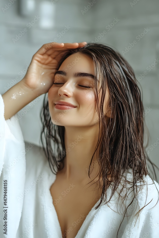 Naklejka premium Woman with wet hair in white bathrobe