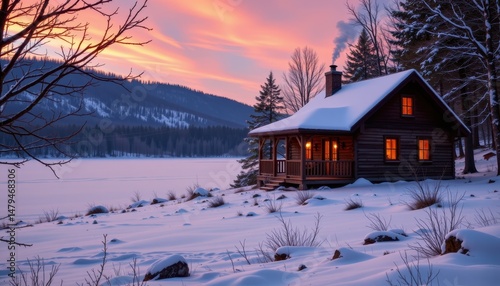 a cozy cottage sits beside a frozen lake, smoke curling from the chimney into the twilight.