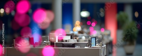 An advanced office interior with neon accents and an open layout, where blurred employees work surrounded by holographic financial data. This image represents a futuristic approach to corporate