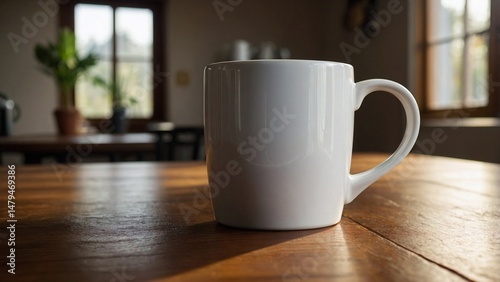 Morning Ritual: A minimalist, sun-drenched shot captures a pristine white mug, casting a subtle shadow on a rustic wooden table, hinting at a moment of quiet contemplation and the start of a new day. photo