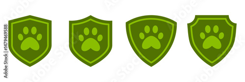 Green paw shield icons set. Collection of animal protection badges in flat style. Pet safety, vet security, rescue service and animal care symbols.