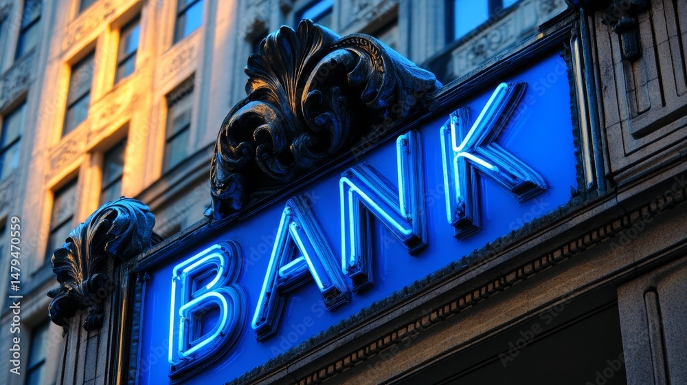 Obraz premium Blue Neon Bank Sign on a Classic Building Facade, Finance, Banking, and Urban Concept