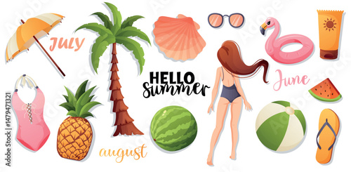 Minimalist summer vector set with fruits, swimwear, and a girl from behind. Ideal for prints, banners, web design, and social media.