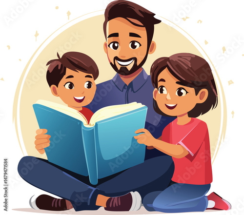 Loving dad reading a bedtime story to his child. Captures peaceful family bonding, night routine, and the warmth of fatherhood during a cozy evening moment at home.