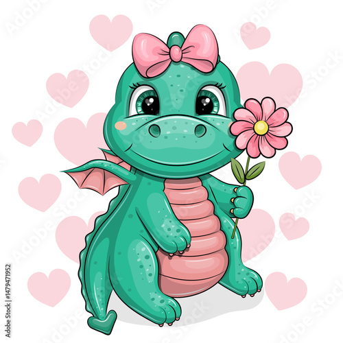 Cute Cartoon Green Dragon with pink flower and hair bow. Vector Illustration with animal on white background with pink hearts.
