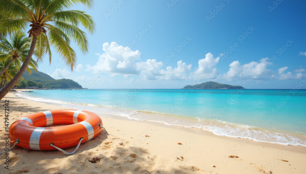 Luxury Tropical Beach Escape Banner, Summer Vacation Paradise with Life Preserver on Golden Sand, Crystal Clear Ocean, Copy Space, Travel Getaway, Premium Luxury Tropical Beach Escape Banner, Summer Vacation Paradise with Life Preserver on Golden Sand, Crystal Clear Ocean, Copy Space, Travel Getaway, Premium