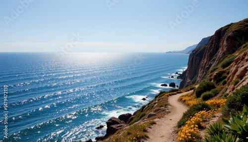 Wallpaper Mural a cliffside path offers sweeping views of a sparkling ocean far below. Torontodigital.ca