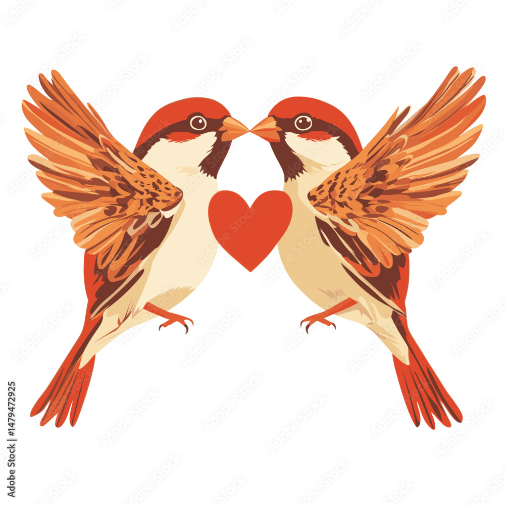Obraz premium Romantic Sparrows with Heart Illustration