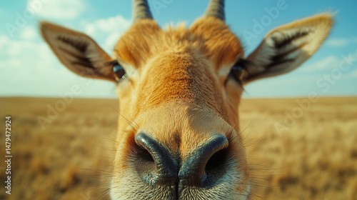 Wild rare animals saiga antelope endangered specie closeup shot defocused background