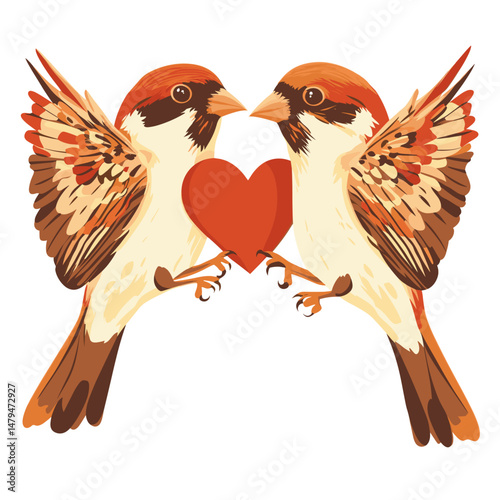 Romantic Sparrows with Heart Illustration