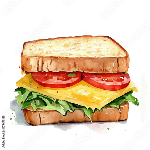 watercolor vector of Cheese Sandwich, isolated on a white background.