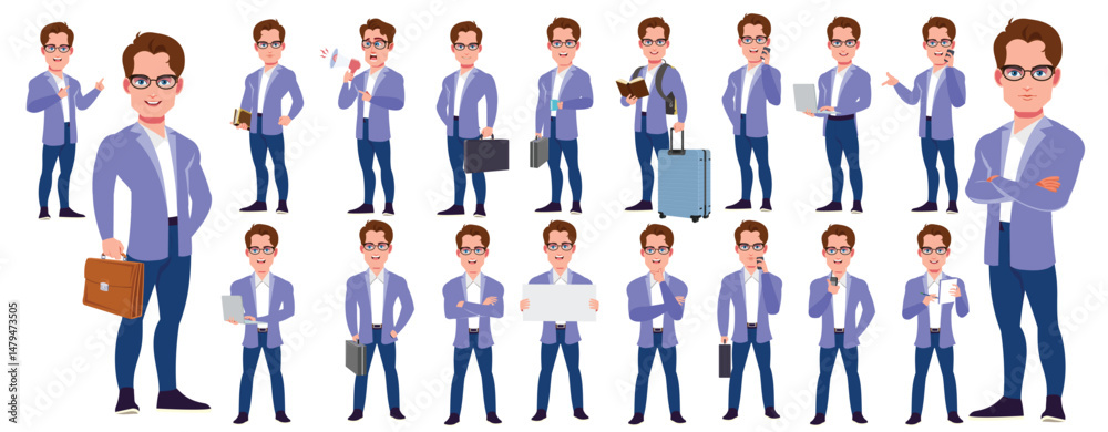 Man Character design. Front, side, back view and explainer animation poses. Character set with lip sync and facial expressions of Happy, angry, sad, Joy with Side walk cycle animation sequence sprite Man Character design. Front, side, back view and explainer animation poses. Character set with lip sync and facial expressions of Happy, angry, sad, Joy with Side walk cycle animation sequence sprite