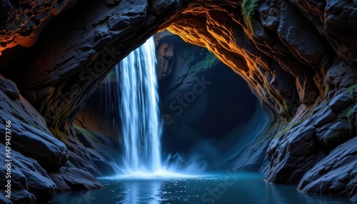 Wallpaper Mural a quiet waterfall flows into a cave entrance glowing with faint blue light. Torontodigital.ca
