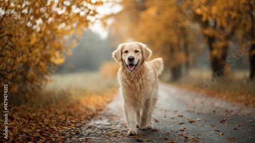 Golden retriever happily walks along serene path surrounded by vibrant autumn foliage, embodying joy and tranquility in nature beauty