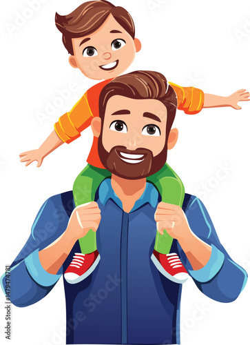 Happy child riding on dad’s shoulders, enjoying quality time together outdoors. A joyful family moment symbolizing love, trust, and father-child bonding on a sunny day.