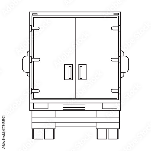 Rear view line art illustration of a delivery box truck. This black and white vector-style drawing showcases the back doors and bumper details of a commercial transport vehicle. Ideal for logistics
