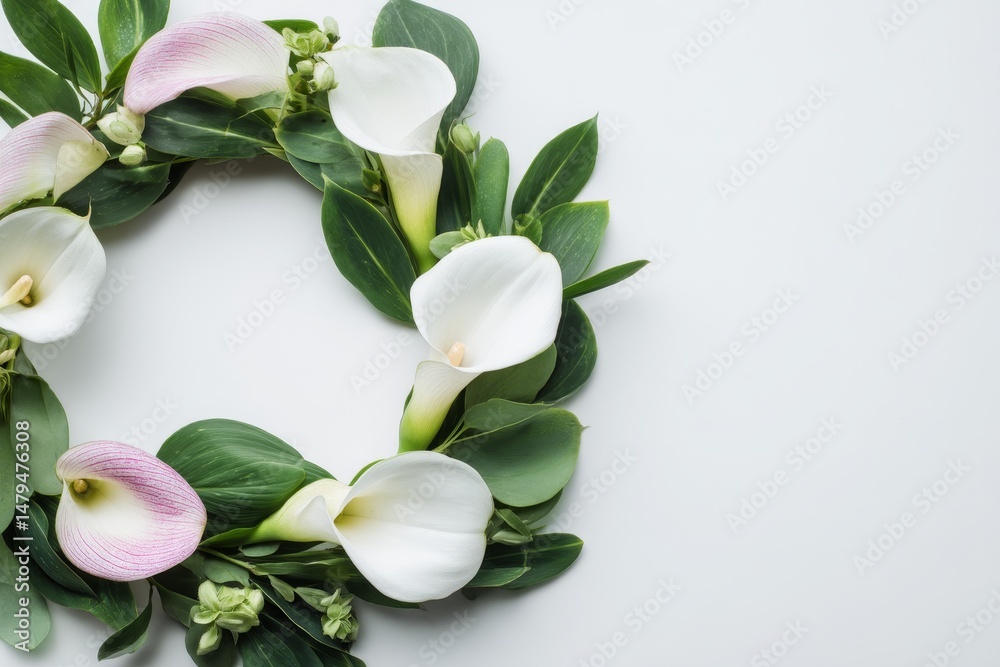 Obraz premium Floral wreath of calla lilies and greenery, a delicate design.