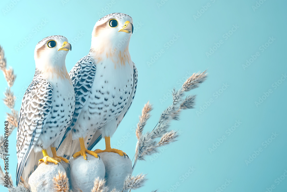 Obraz premium Two beautiful birds perched on a soft surface with a serene blue background, showcasing nature's elegance