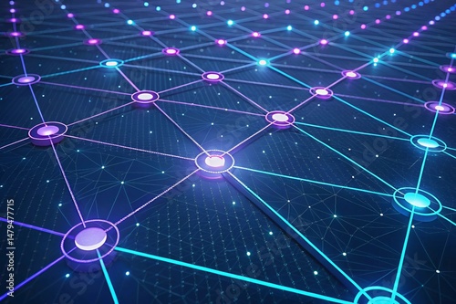 Abstract Data Network with Glowing Nodes and Digital Grid in Blue and Purple Tones