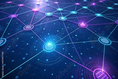Abstract Data Network with Glowing Nodes and Digital Grid in Blue and Purple Tones