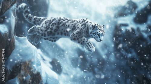 snow leopard long jump between snowy Himalayan cliff cinematic wild photography action shot 
