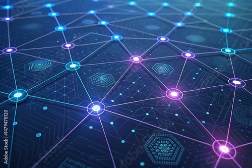 Abstract Data Network with Glowing Nodes and Digital Grid in Blue and Purple Tones
