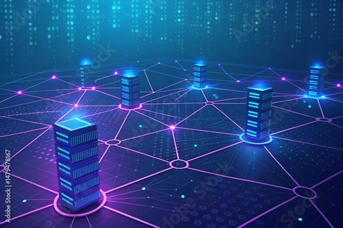 Abstract Data Network with Glowing Nodes and Digital Grid in Blue and Purple Tones