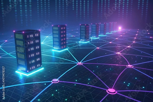 Abstract Data Network with Glowing Nodes and Digital Grid in Blue and Purple Tones