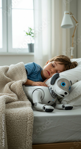 A four-legged robot dog sleeps peacefully next to a small child. The stage symbolizes technology, care, help, and the future of human-robot interaction, creating an atmosphere of calm and protection.