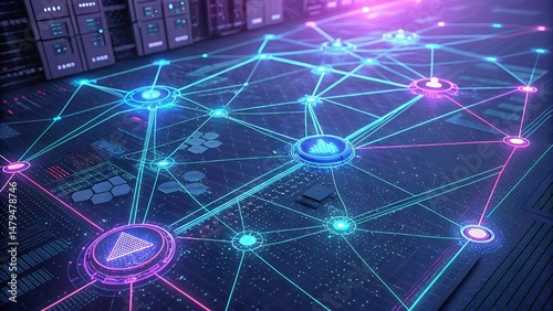 Abstract Data Network with Glowing Nodes and Digital Grid in Blue and Purple Tones