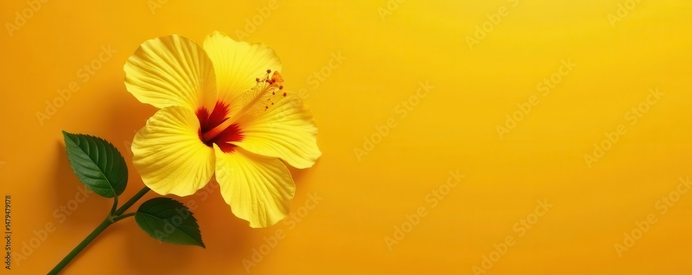 Fototapeta premium Single yellow hibiscus, textured orange backdrop, botany, elegant, floral