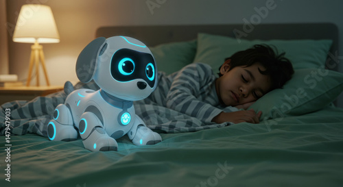 A four-legged robot dog sleeps peacefully next to a small child. The stage symbolizes technology, care, help, and the future of human-robot interaction, creating an atmosphere of calm and protection.