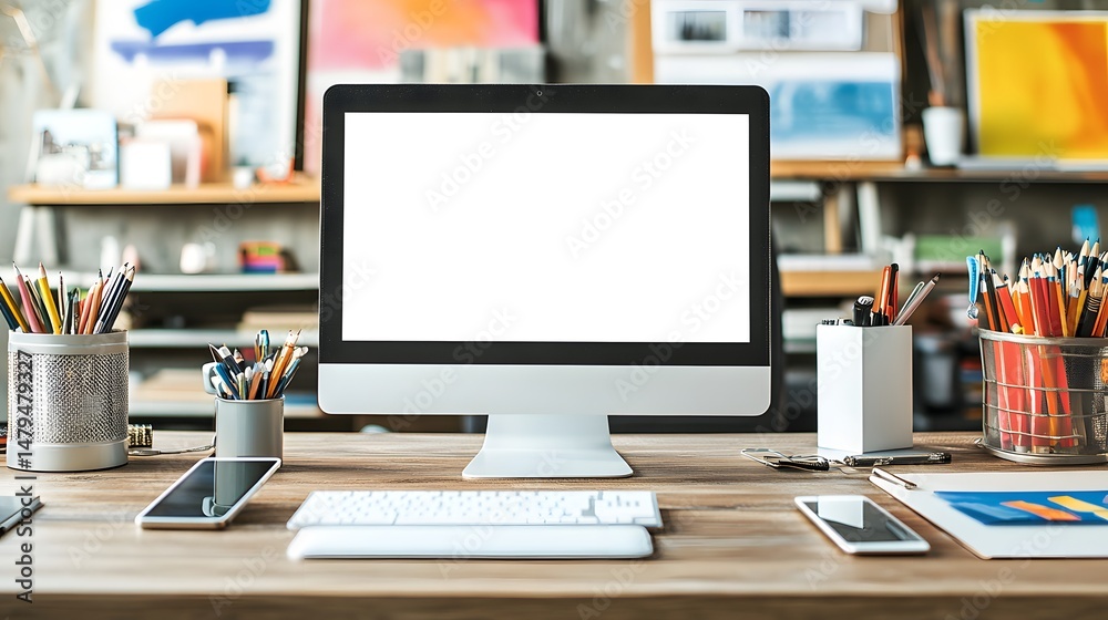 Naklejka premium Modern workspace desktop computer with blank screen.